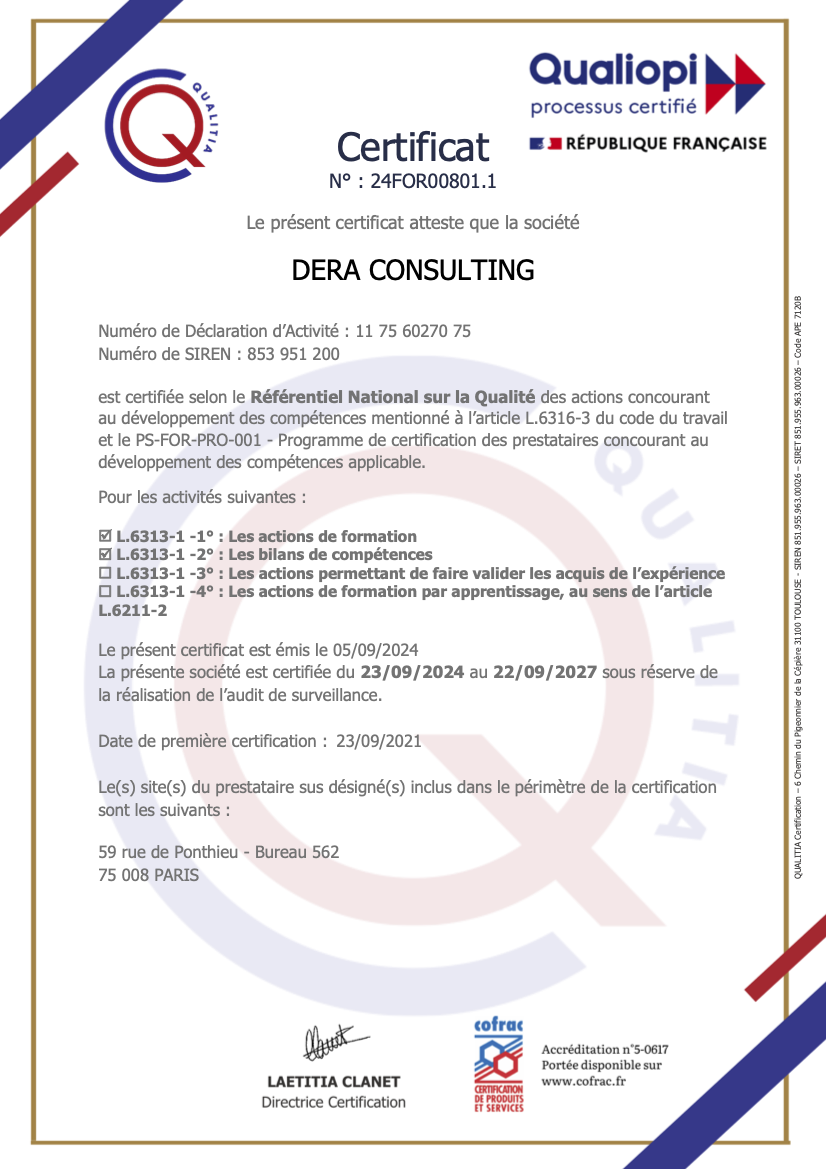 Certification Qualiopi DERA Consulting
